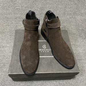 รองเท้าบู๊ตหนังแท้ผู้ชายสไตล์อังกฤษหัวแหลม CHELSEA BOOT รองเท้าบูทสั้นแบบใหม่มีซิปและหัวเข็มขัด