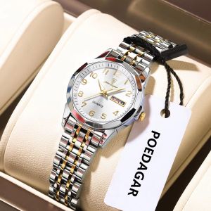POEDAGAR Top Original Quartz Ladies Wristwatch Stainless Steel Date Week Woman Watch Waterproof Luminous Fashion Womens Watches