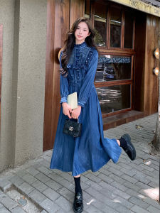 Blue New Chinese Style Embroidered Denim Dress Womens Spring Autumn Slimming Long Waist-Cinching A-Line Skirt Casual