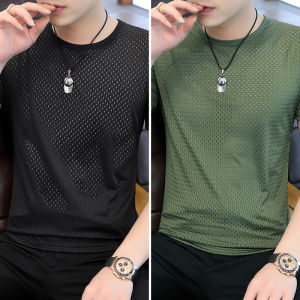 Ice Silk Mens T-Shirt Short Sleeve round Neck Quick Dry Breathable Summer Fashionable Top Youth Popular Polyester Spandex