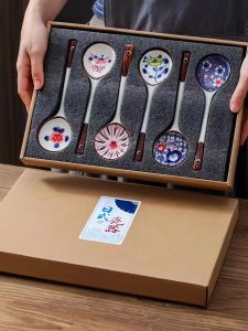 Hand-Painted Underglaze Ceramic Spoon Set 4/6Pcs Long Handle Household Spoons Creative Dessert Soup Spoon Gift Box
