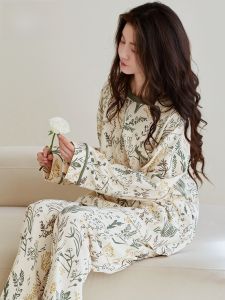 Pure Cotton Long Sleeve Sleepwear Set for Women Loose Comfortable Home Clothes Spring Autumn Seasonal Plant Patterned Nightgown