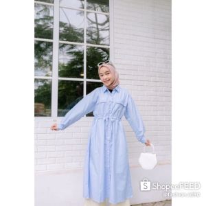 DRESS KOREAN PANJANG SALUR BIRU JUMBO 072