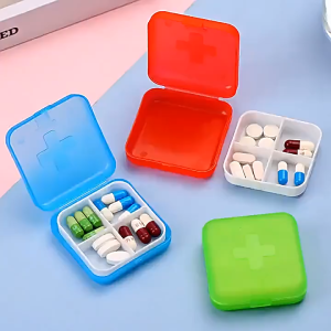 🇸🇬 4 Grid Mini Pill Box | Travel Essential Portable Square Daily Weekly Medicine Divider Organiser Small Cute Cross Case Pet Tablet Dispenser Medication Storage Vitamin Organizer First Aid Supplement Container Jewelry Fishing Lure Accessories Holder