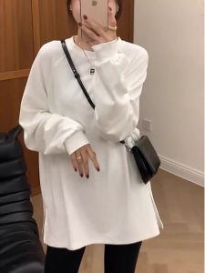 White Pure Cotton Long Sleeve T-Shirt Womens Spring Autumn round Neck Base Shirt Casual Slimming Top Layering Clothing