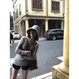 Gray Loose Lightweight Long Sleeve Knitted Sun Protection Top Korean Style Weekend Casual Polyester Fiber Commute Fashion