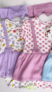 PAYI BABY- 2PCS Baby Girls Dress +Headband Short Sleeve Onesies Patchwork Jumpsuit Floral Bodysuits