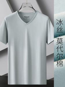 Modal Ice Silk T-Shirt Mens Summer Thin Luxury Business Half Sleeve Quick Dry V-Neck Casual Short Sleeve Mens Fashion Urban Basic Style
