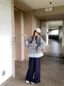 SieYiu Korean Style Loose Wide Leg Pants Womens Casual Loose Slimming Straight Long Trousers Wood Grain Edge Versatile