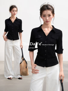 BAIDAIFEI | V-Neck Square Shoulder Slim Fit Short Tunic Shirt Design