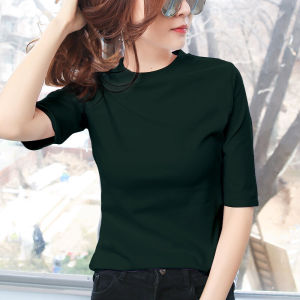 Slim Fit Cotton T-Shirt Womens Summer Base Shirt Half High Collar mid Sleeve Pure Color Commute Style Korean Version Base Shirt
