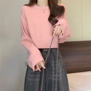 Loose Long Sleeve round Neck Short Knitted Sweater Womens Base Shirt Autumn Winter New Style Pure Color Comfortable Fleece Lined