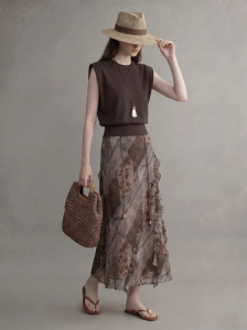 GULILI | Vacation Style Loose Comfortable Deep Brown Knit Vest and Skirt Set