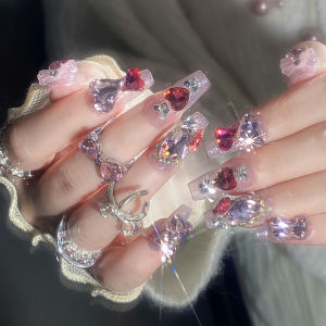 【With Glue】Female Mid-length Fake Nail Sweet Heart and Bow Decor Artificial Nail for Women and Girl Party Activity