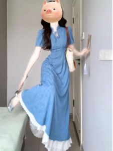 CHANGTONG | Elegant Blue Qipao Dress Young Style Beautiful Unique Chinese New Version Long Skirt Suitable For Ages 18 To 29 Spring Season