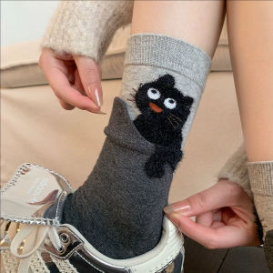 Kawaii Cartoon Kitten Cotton Socks Plush Mid-Calf Socks Cartoon Cat Print Autumn Winter Warm Socks Soft Comfortable Daily Wear