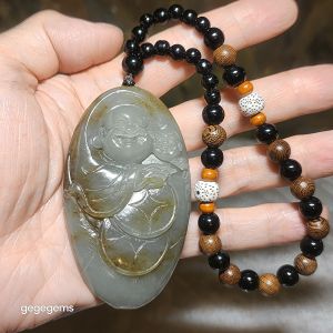 Premium Nephrite caramel brown blue green good greasiness Laughing Buddha & Lucky Boy handheld (with certificate)