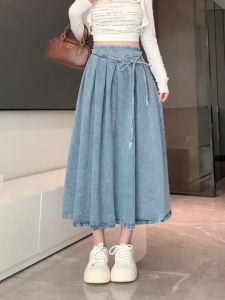 Rok midi ramping pinggang tinggi denim suspender wanita populer versi Korea