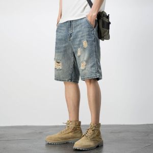 Retro Distressed Denim Shorts for Men Loose Large Size