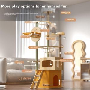 Large Bamboo Wood Color Cat Tree with Playhouse Scratching Board