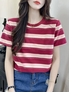 Slimming Effect Pure Cotton Striped round Neck Short Sleeve T-Shirt Womens Loose Fit Summer New Style Versatile Basic Top