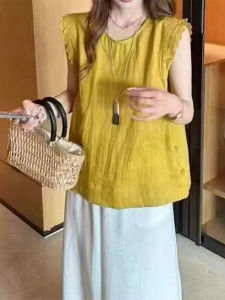 Shalldoer | Casual Style Lace Splice Loose Fit Sleeveless Womens Shirt Fashionable Ageless木耳 Detail Round Neck Top For Summer 2025