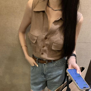 French Minimalist Linen Collarless Shirt Women Summer New Versatile Sleeveless Top Elegant Small Shirt Korean Style Slim Fit