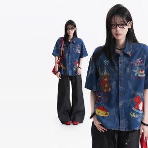 zuocisankon | Vintage Cartoon Style Embroidered Loose Denim Shirt
