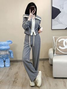 Casual Sport Wide Leg Pants Two Piece Set Womens Spring Autumn New Style Pink Doll Collar Sweatshirt Jacket Polyester Long Sleeve Zipper