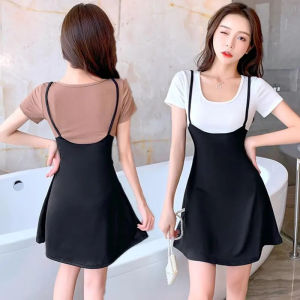 ชุดเดรสทรงเอเอวสูงสไตล์ฮิปซี ชุดสองชิ้นปลอม ชุดเดรสสีดำ ชุดเดรสทรงเอเข้ารูปสไตล์ฝรั่งเศส ชุดเดรสฤดูร้อน 2025