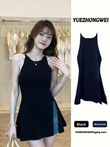 YUEZHONGWEI | Black Split Knit Halter Top with Design Sense