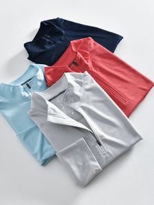 เสื้อยืดแขนยาวคอตั้งระบายอากาศได้ดีสำหรับผู้ชาย แห้งเร็ว ซิปครึ่งตัว แฟชั่นฤดูใบไม้ร่วง โพลีเอสเตอร์ 100%