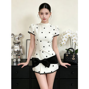 French Elegance Polka Dot Bow Tie Slim Fit Dress