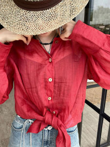 YUFUQING | French Red Linen Long Sleeve Womens Shirt Summer New Loose Sun Protection Top Thin Polyester Fiber Straight Cut Single Button