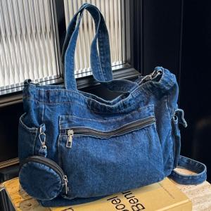 Fashionable Large Capacity Denim Tote Bag 2024 New Autumn Commuter Womens Bag Student Casual Handbag Soft Zipper Closure