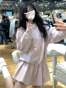 Pink Hooded Sweatshirt Dress Womens Autumn Winter New Small College Style Korean Short Skirt High Waist Polyester Cotton Blend