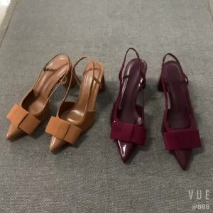 Giày Sandal Nữ Da Bóng Cao Gót Mũi Nhọn Sang Trọng Trang Trí Nơ Mùa Hè Giày Cao Gót Chunky Thiết Kế Cao Cấp