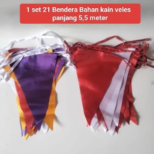 Bendera Kain Segitiga Bahan Kain veles Satu Set 21 Pcs 55 Meter Warna warni & Merah putih
