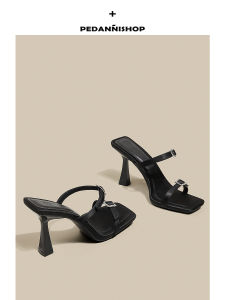 Pendany Square Head Sandals Womens Summer Fashionable Outdoor Wear Rhinestone Elegant Black High Heel Sandals Thin Heel