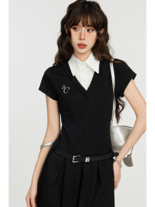 ชุดเดรสคอโปโลสีดำสไตล์อเมริกันสำหรับผู้หญิง ชุดกระโปรงสั้นทรงเอ แขนสั้น ฤดูร้อน 2024 แฟชั่นสตรีท ชุดทำงาน เดรสยาวปานกลาง