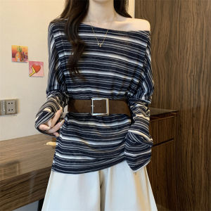 Dongda Gate Lazy Striped Diagonal Shoulder Long Sleeve T-Shirt Women Design Sense with Belt Sunshade Cover up Top