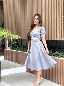 Brittany Modern Filipiniana Midi Dress – Semi Puffed Sleeves with Waist Ribbon by Lachica’s Apparel | Neoprene Fabric | Small to XL | Flowy Dress for Formal Events Weddings and Special Occasions