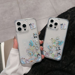 Cartoon Cute Mofusand Cat Sanrio Hangyodon Kuromi Glitter Slider Quicksand Phone Case Compatible for iPhone 16 15 Plus 14 13 12 11 Pro Max Acrylic Shockproof Mobile Casing