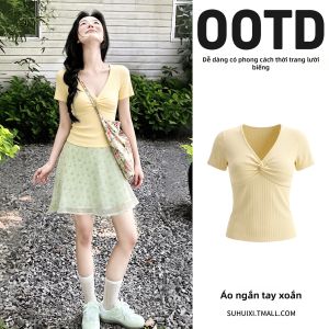 SUHUIQIAN | Bộ Áo Thun Cổ V Nơ Dây Tay Ngắn Ôm Body & Chân Váy Hoa