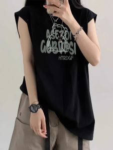 เสื้อกั๊กแขนกุดคอวีผ้าฝ้ายแท้สไตล์ย้อนยุคสไตล์อเมริกันสำหรับผู้หญิงในฤดูร้อน ดีไซน์เก๋ไก๋ ใส่ได้หลายโอกาส 3D ปักลาย ทรงหลวม