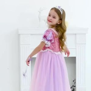 Rapunzel Cosplay Princess Dress Kids Halloween Disguise Short Sleeves Performance Costumes Girls Birthday Carnival Party Outfits