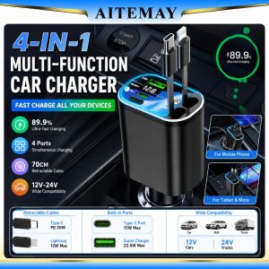 Aitemay sạc điện dùng trên xe hơi có thể thu vào 120W sạc nhanh pd30w 22.5W siêu sạc với 70cm được xây dựng trong cáp Type-C lightning cổng USB vôn kế đèn LED cho iPhone Samsung Huawei phụ kiện