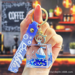 Blue Sailboat Keychain Pendant School Bag Car Key Holder New Year Gift Creative Festival Supplies Oil Flowing Sand Inlay