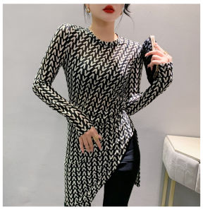 REHIN Wavy stripes Pint Long Sleeve T-Shirt for Women Slim Fit Asymmetrical Hem Mid-Length Top Autumn Fashion Top(M-XXL)