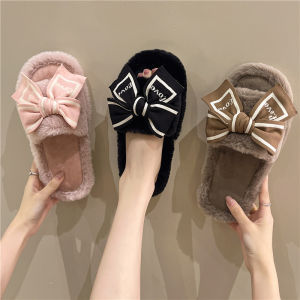 Young Adult Heart Bows Cotton Slippers Womens Autumn and Winter Warm Non-Slip Interior Home Cute Fashion Fur Hyoma